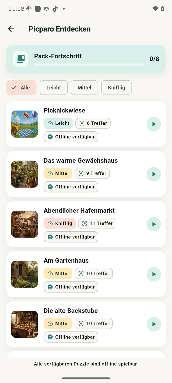 Picparo-App: Bildwelt mit Suchbildern, Schwierigkeitsfilter, Zahl der Unterschiede und Offline-Status
