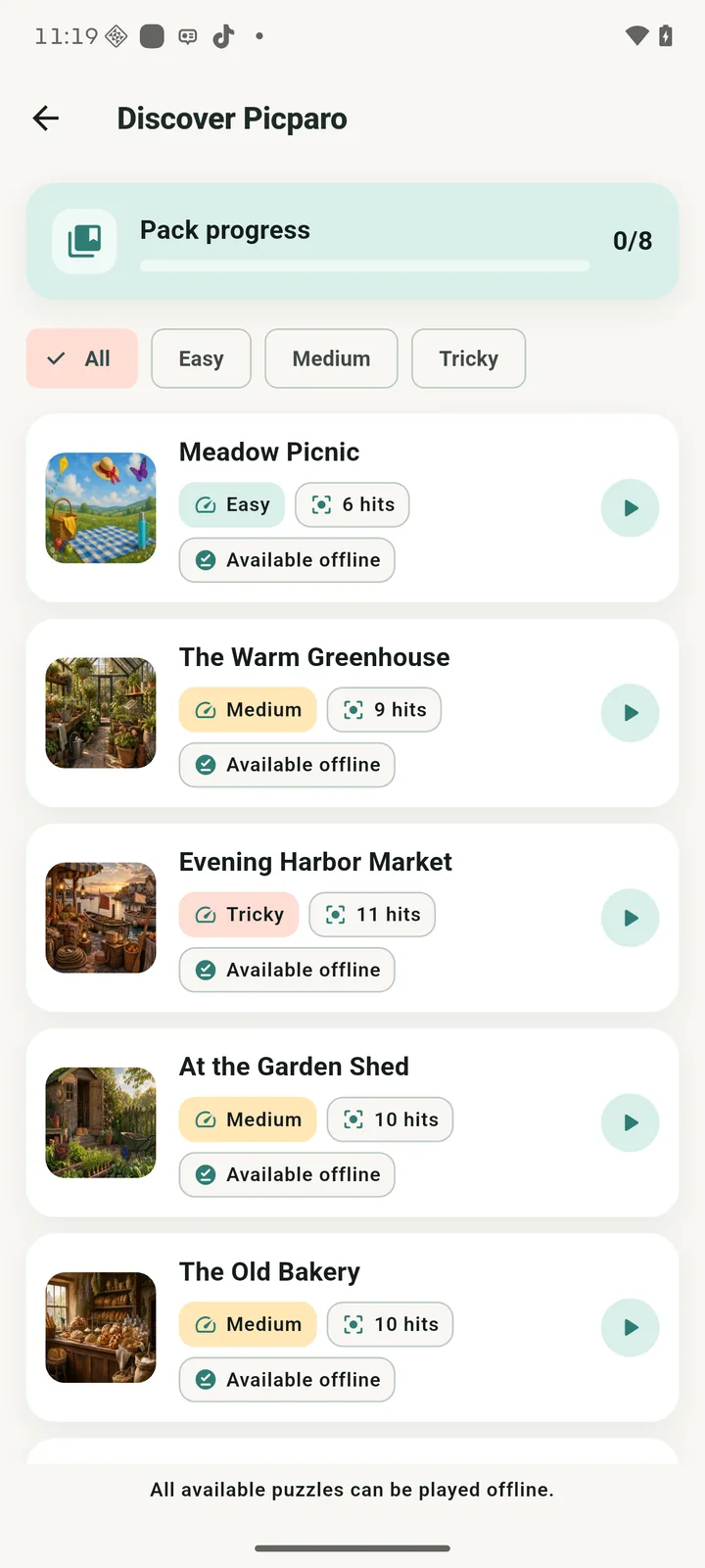 Picparo app: picture world with puzzles, difficulty filter, number of differences and offline status