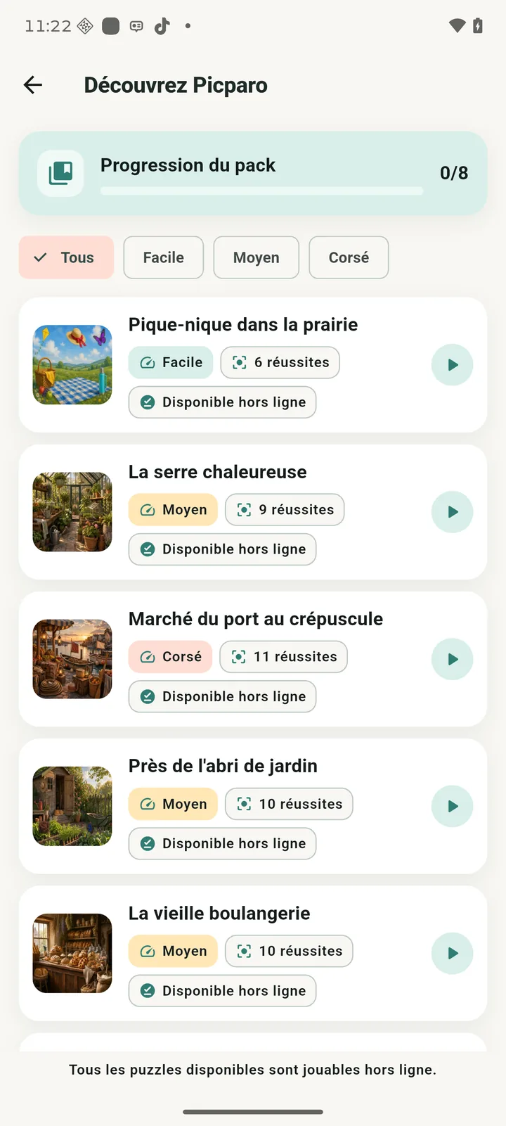 App Picparo : univers d’images avec jeux, filtre de difficulté, nombre de différences et statut hors ligne