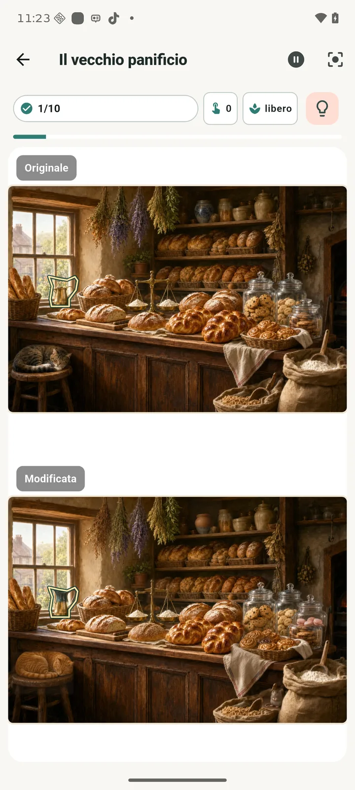 App Picparo: puzzle «Il vecchio panificio» con l’originale sopra, la versione modificata sotto e una scoperta segnata