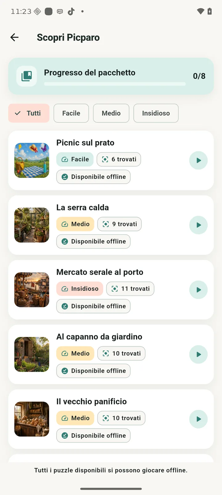 App Picparo: mondo di immagini con puzzle, filtro di difficoltà, numero di differenze e stato offline