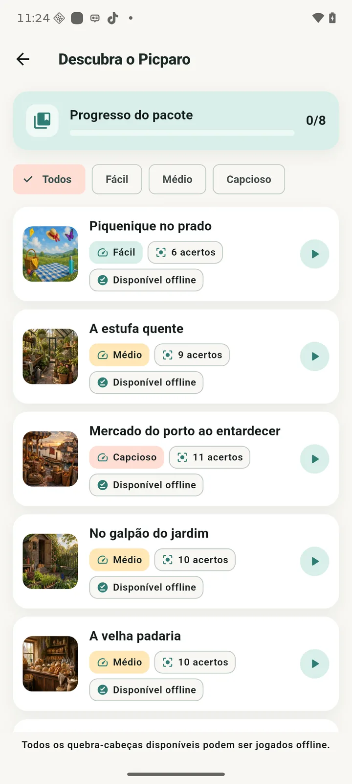 App Picparo: mundo de imagens com desafios, filtro de dificuldade, número de diferenças e status offline